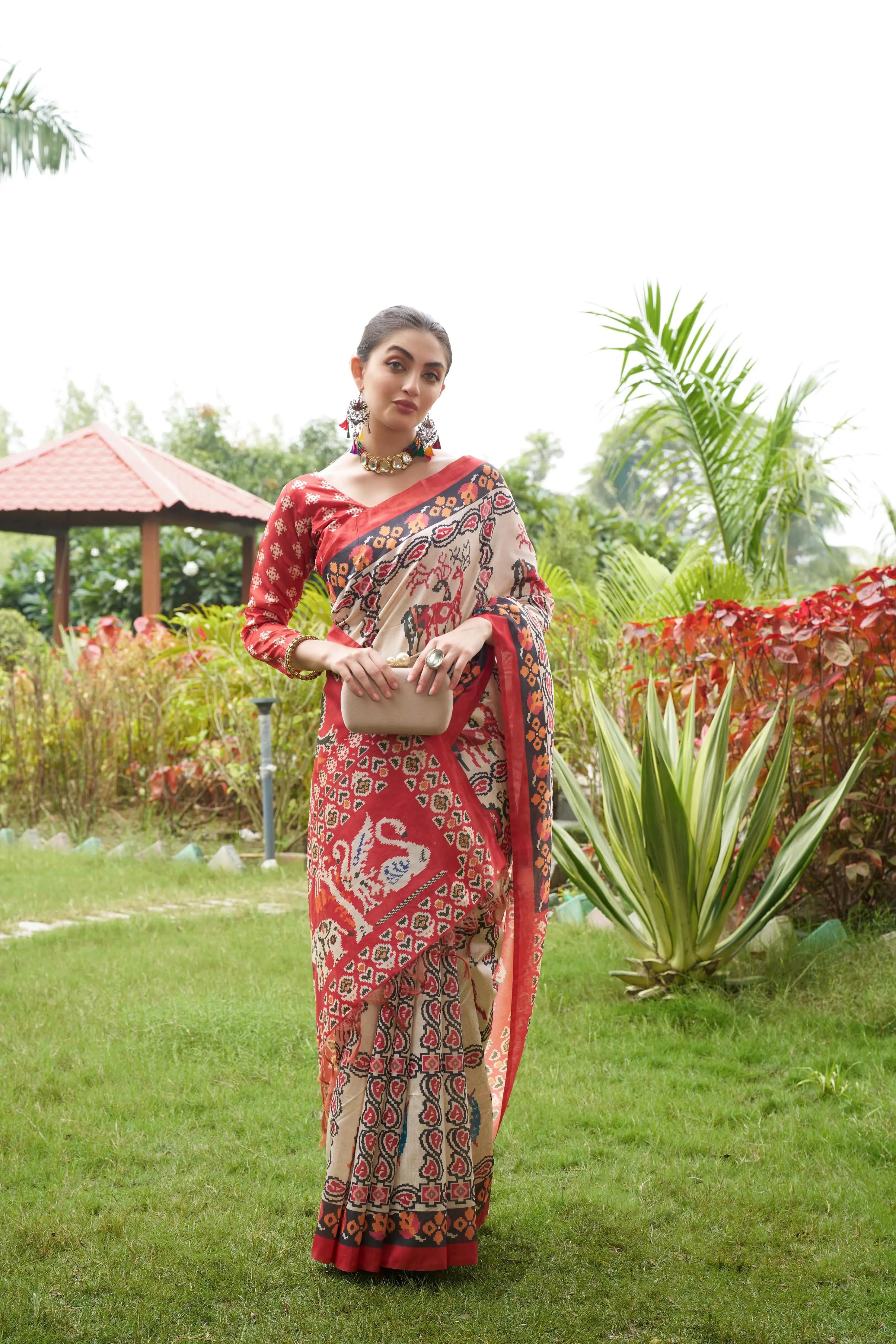 Light Beige Patola Print Soft Tussar Silk Saree - kalyanja